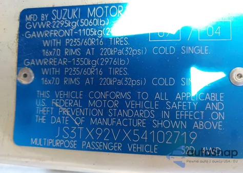 2005 Suzuki Xl-7 Ex/Lx from USA, damaged, VIN JS3TX92VX54102719